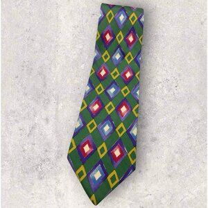 HUGO BOSS WHITE TAG Silk Tie ITALY Green Purple Red Geometric W:3.8" EUC